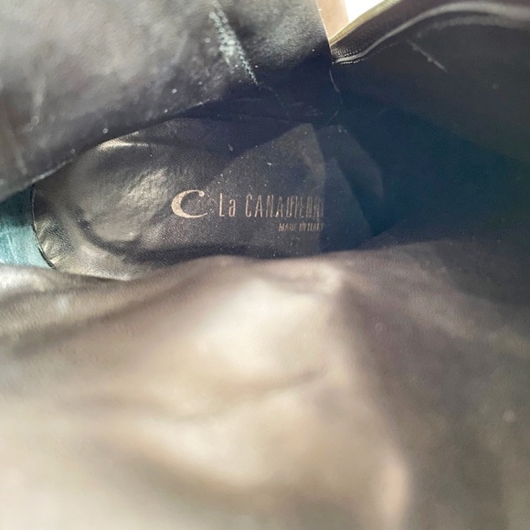 LA CANADIENNE BROWN SUEDE BLACK LEATHER STRAP CHUNKY TAN HEELED BOOTIES - 41 - Picture 10 of 10